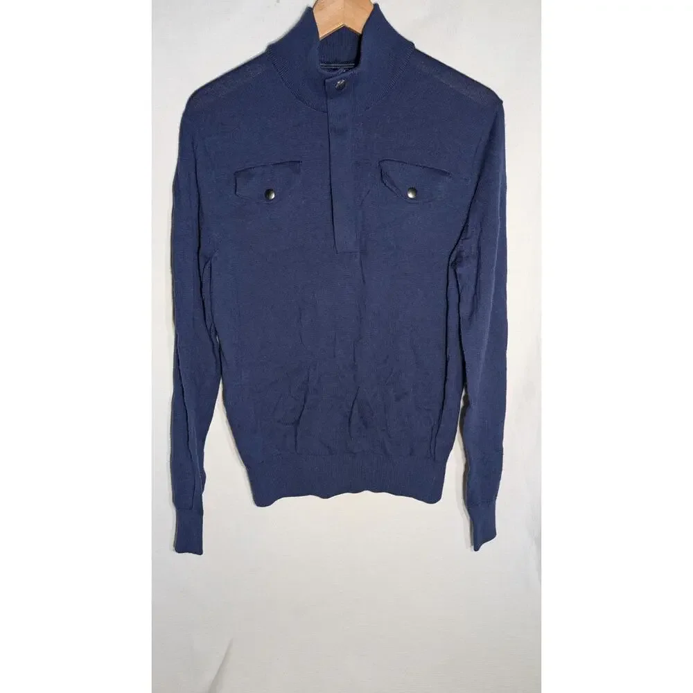 Banana Republic Mens Italian Yarn Quarter Zip Mock Neck Sweater M Navy Pockets